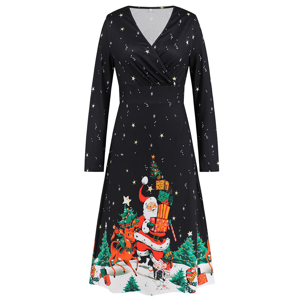 Women's V-Neck Long Sleeve Christmas Print Dress Sexy Christmas Dress Up New Year Party Play Maxi Dress