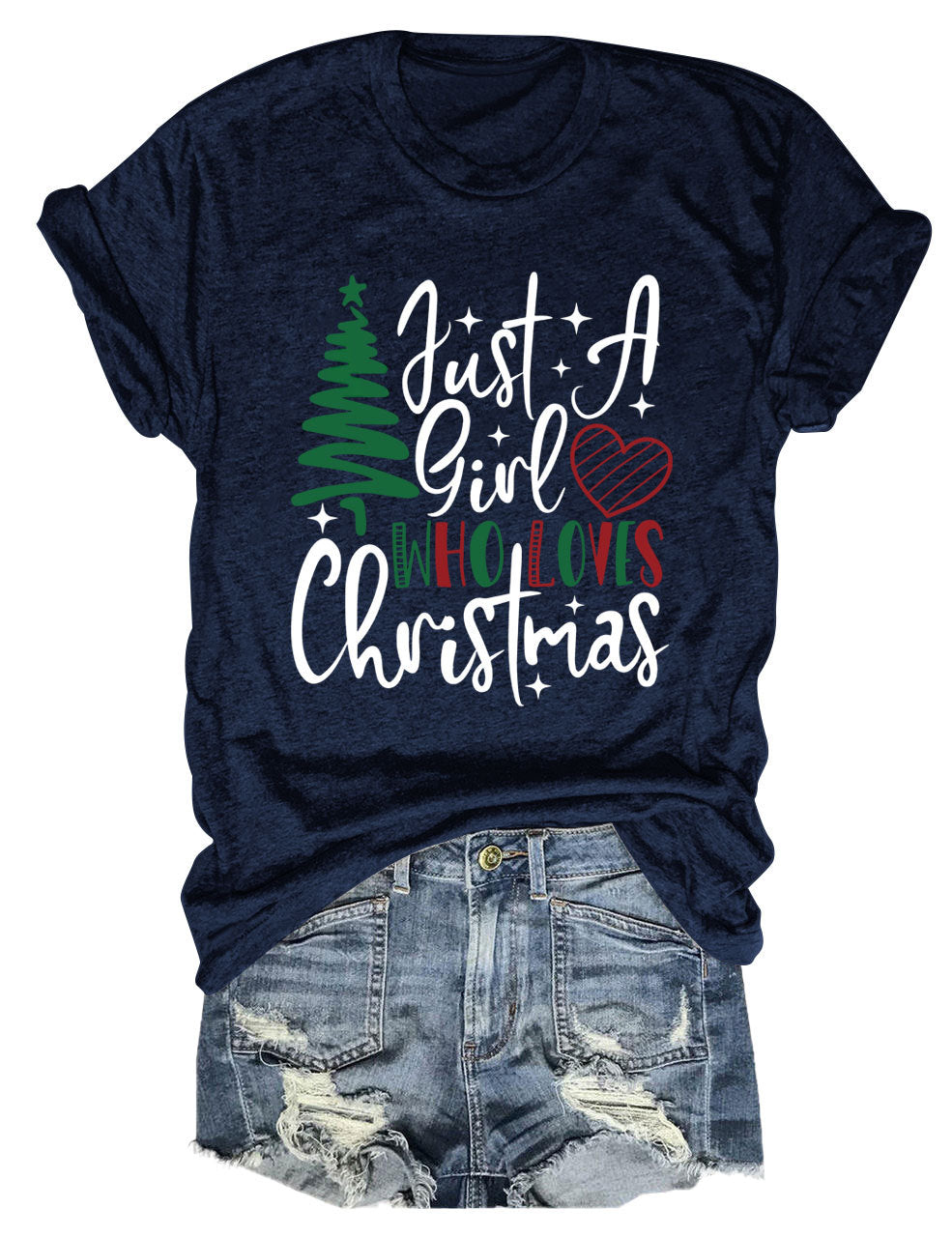 New Just A Girl Fun Christmas Tree Print Round Neck Short Sleeve Female Spot