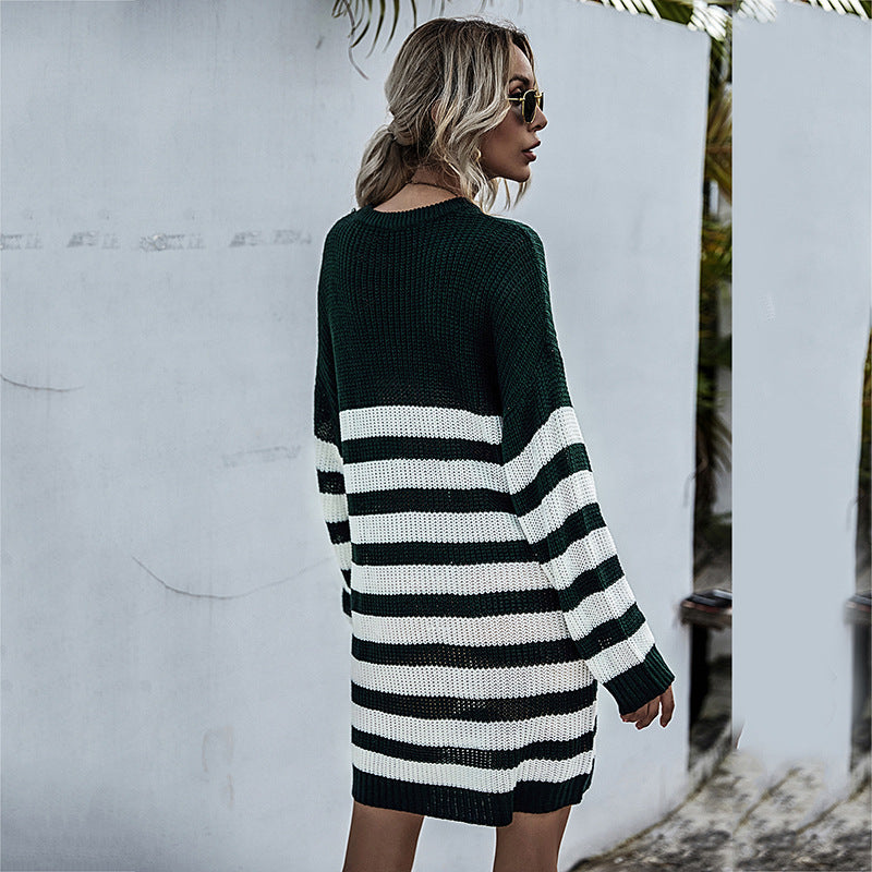 Autumn Chic: Women's Long-Sleeved Crew-Neck Striped Sweater Dress