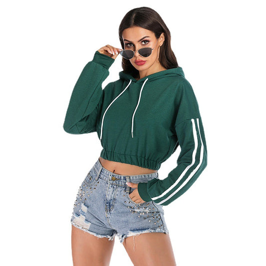 New Autumn Women's Sports Striped Green Short Long Sleeve Hooded Crop Hoodie Woman