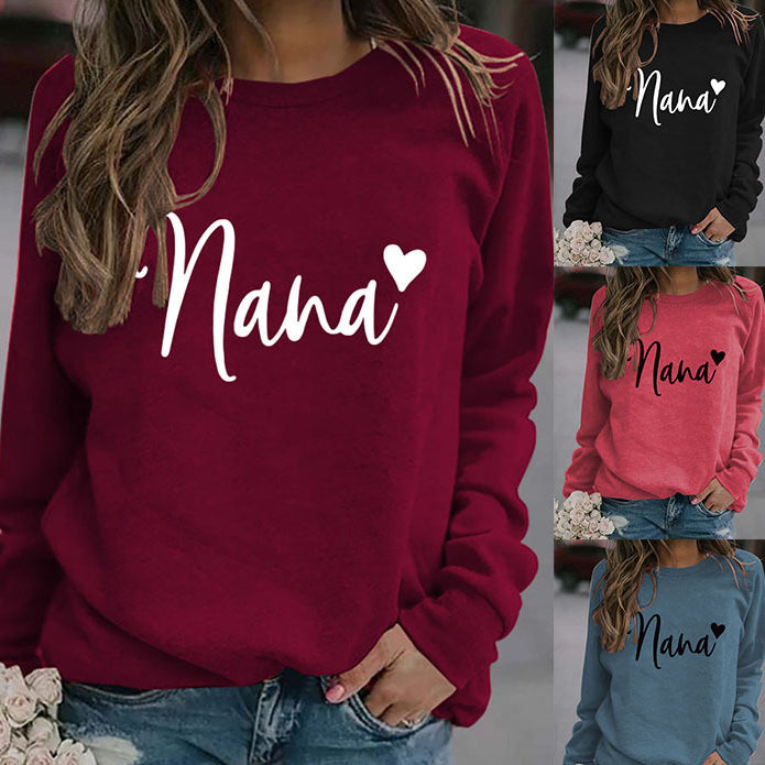 Nana Love Letter Printed Round Neck Long Sleeve Loose Plus Size Hoodie