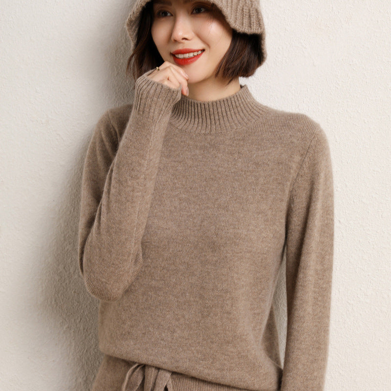 7 Pin Thickened Semi-Turtleneck Woolen Sweater Women's Fall/Winter 100 Wool Knitwear Atmospheric All-In-One Long Sleeve Sweater