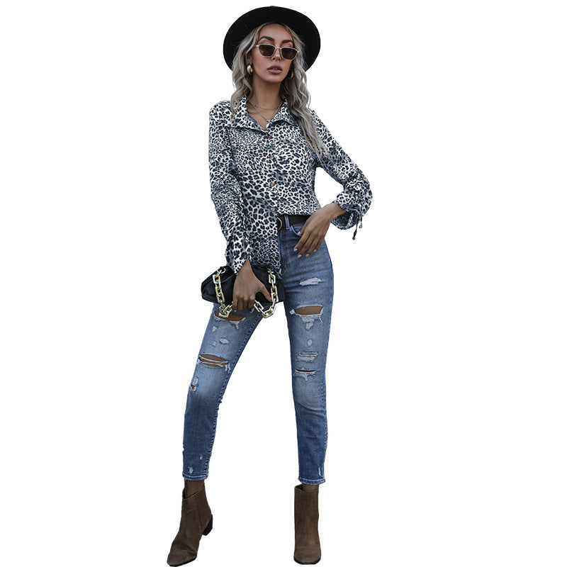 Long Sleeve Lapel Leopard Print Shirt Retro Loose Printed Shirt Woman