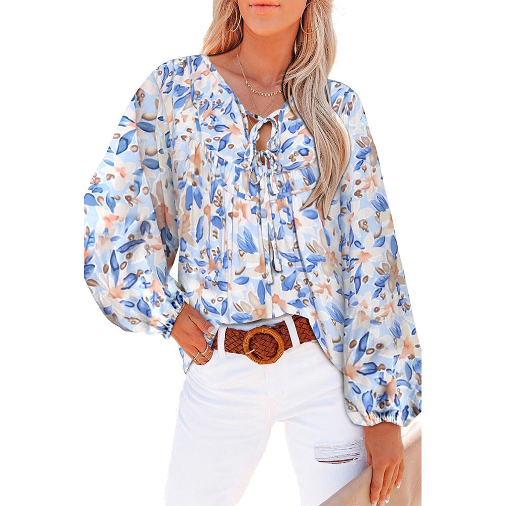 Spring And Autumn New Long-Sleeved Chiffon Shirt Women Loose Pullover Floral T-Shirt