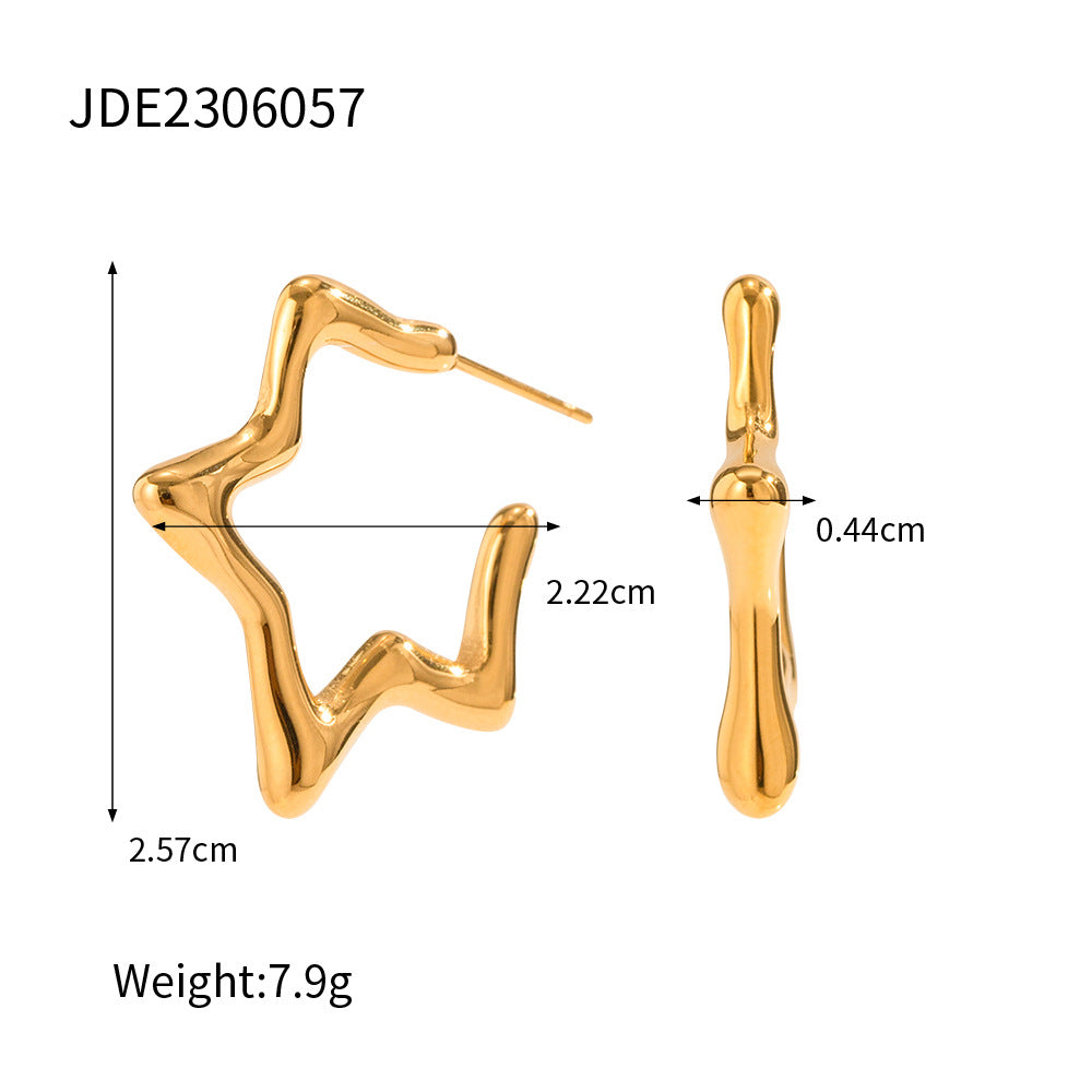 5pcs Simple Style 16K Gold Stainless Steel Star Earrings Solid Gold Straight-Button Hoop Earrings