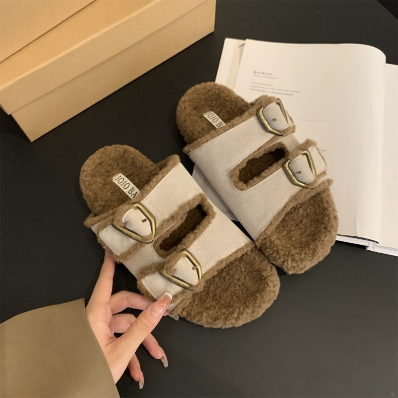 Casual Boken Shoes Women Autumn And Winter New Vintage Thick Sole Woolly Slippers Women Wear A Word Cotton Half Drag