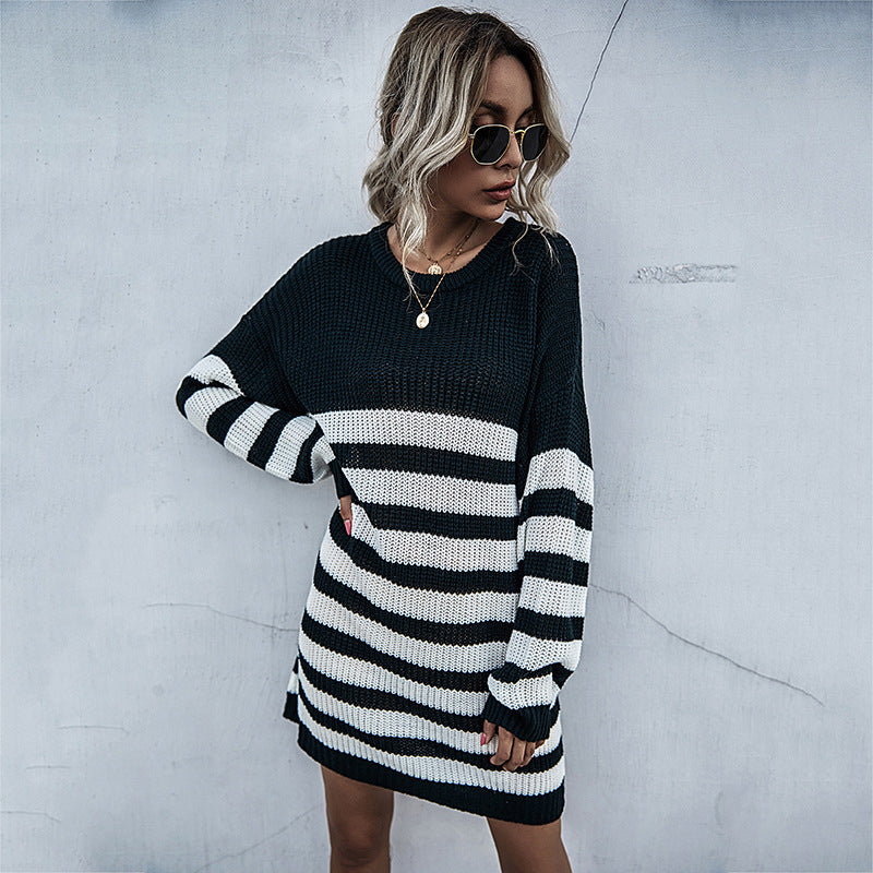 Autumn Chic: Women's Long-Sleeved Crew-Neck Striped Sweater Dress