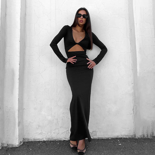 Fashion Sexy Knitted Black V-Neck Hollow Long-Sleeved Dress Long Skirt With Casual Slimming Evening Dress