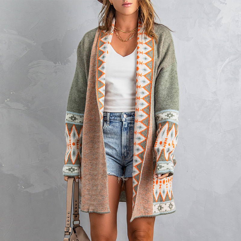 Autumn And Winter New National Style Printed Cardigan Knitted Coat Female Autumn And Winter New Cardigan Top