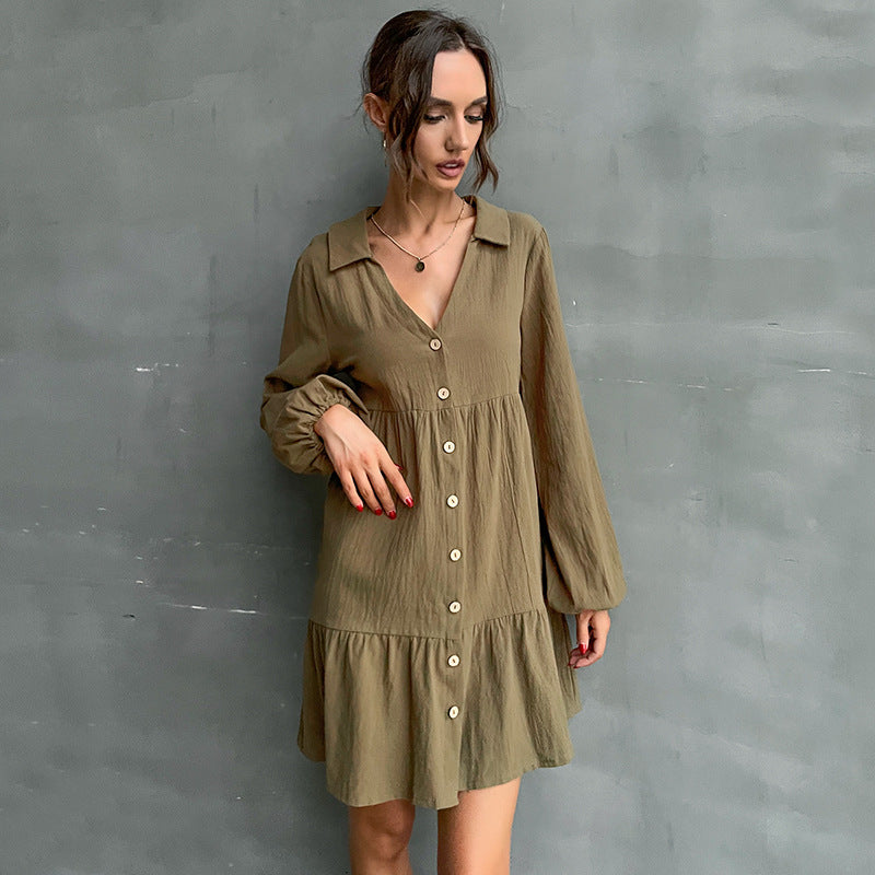 Spring New Women's New Lapel Fold Solid Color Short Dress