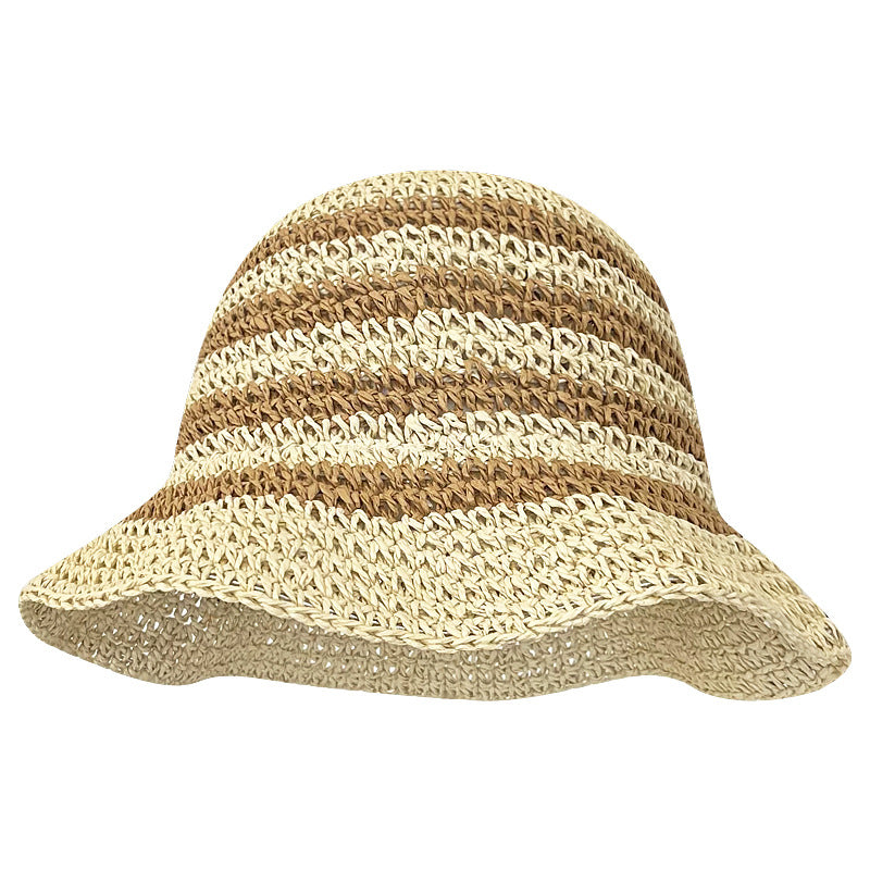 Little Fresh Striped Seaside Holiday Braided Straw Hat Women's Summer Shade Basin Hat Sun Block Hat Fisherman Hat Tide