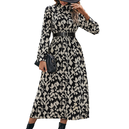 Spring And Autumn New Fashion Women's Long-Sleeved Half High Collar Print Waist Temperament Dress