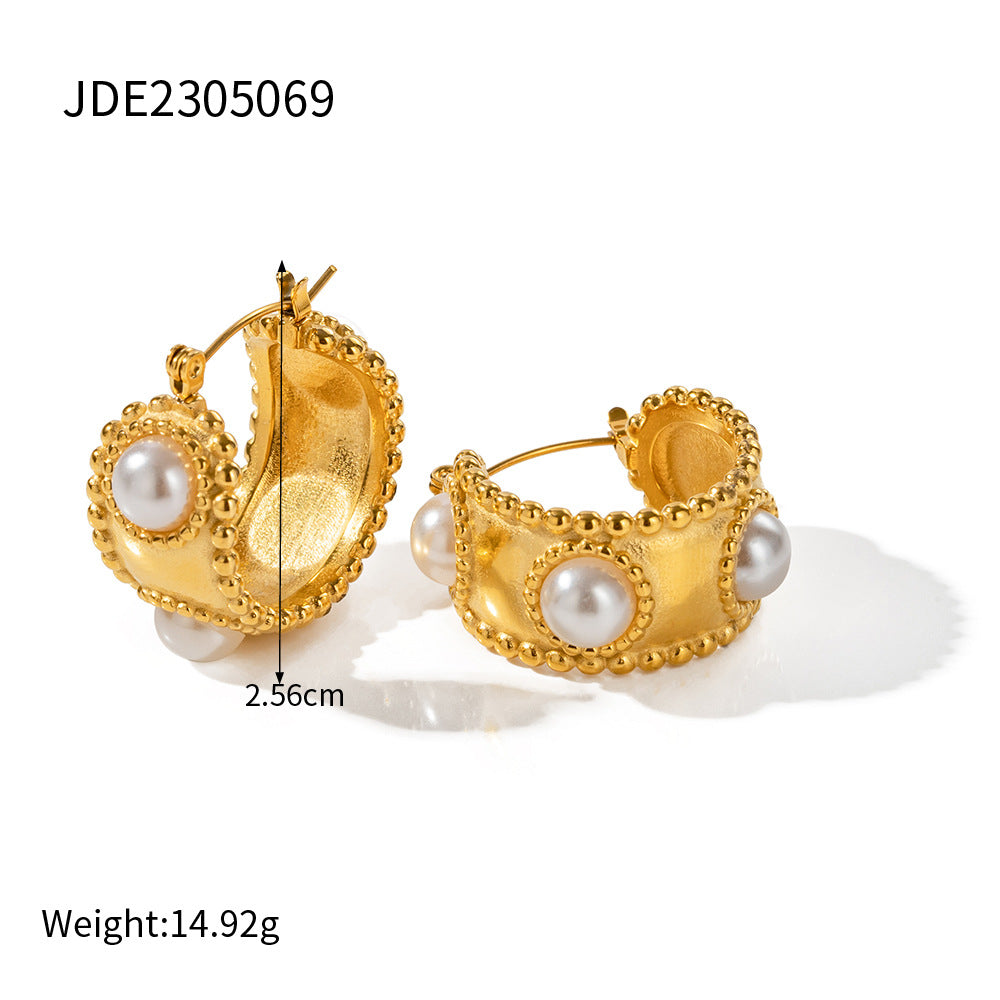 5pcs Fashionable Novel 18K Gold Stainless Steel C-Shaped Inlaid Pearl Earrings Do Not Fade Earrings Fashion Accessories