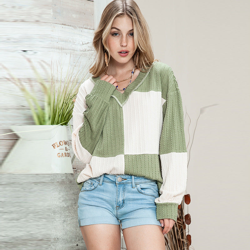 New Autumn V-Neck Pullover Women Loose Casual Style Color Matching Long-Sleeved Hoodie