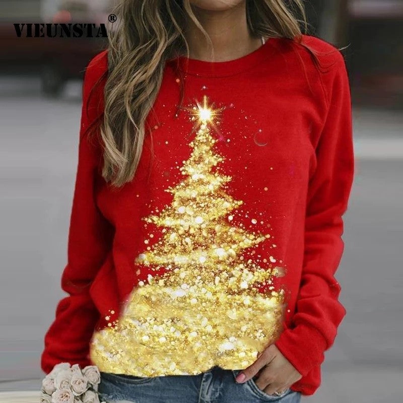 Autumn And Winter Christmas Print Round Neck Pullover Long Sleeve Fleece Hoodie Woman