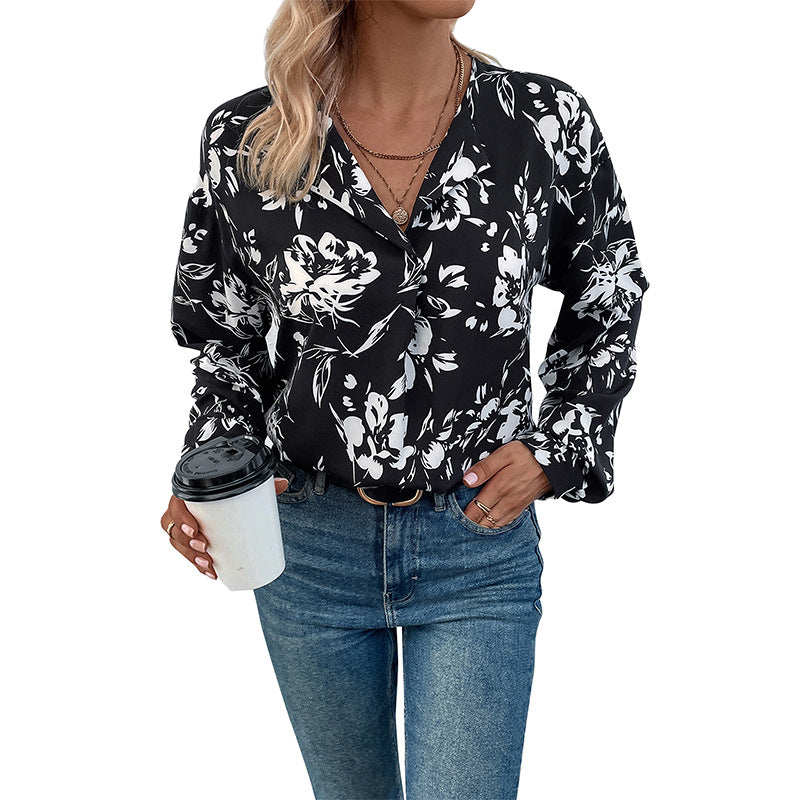 Autumn New Fashion Women Black Printed Shirt