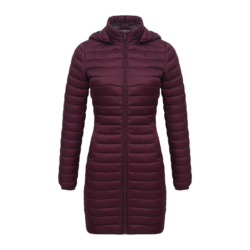 Women's Fall/Winter Lightweight Mid-Length Slim-Fit Cotton-Padded Jacket Removable Hooded Casual Commuter Coat