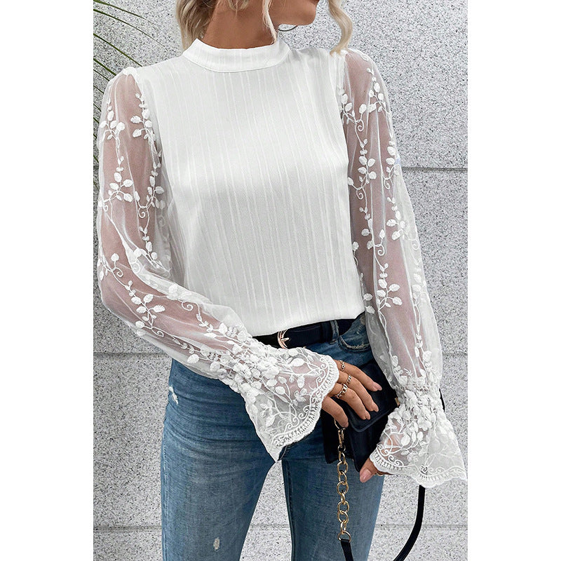 Spring New Solid Color Chiffon Shirt Woman Thin Sweet Wind Lace Ruffled Sleeve Blouse Woman