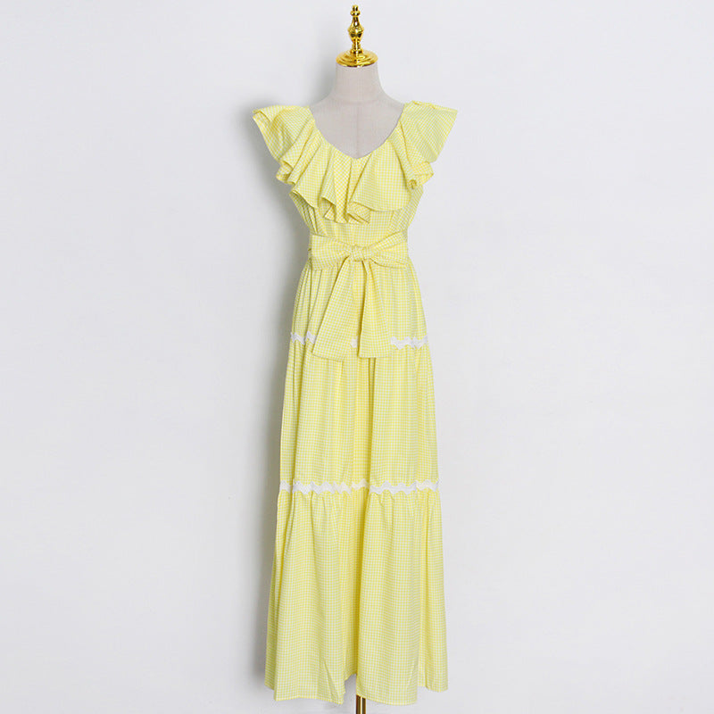 Fashion Early Spring New V-Neck Ruffled Check Splicing High Waist A Word Big Swing Temperament Long Dress Woman