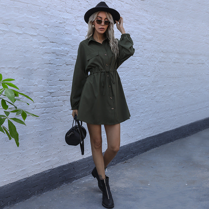 Early Autumn Double Drawstring Shirt Dress Solid Color Lapel Long-Sleeved Shirt Dress