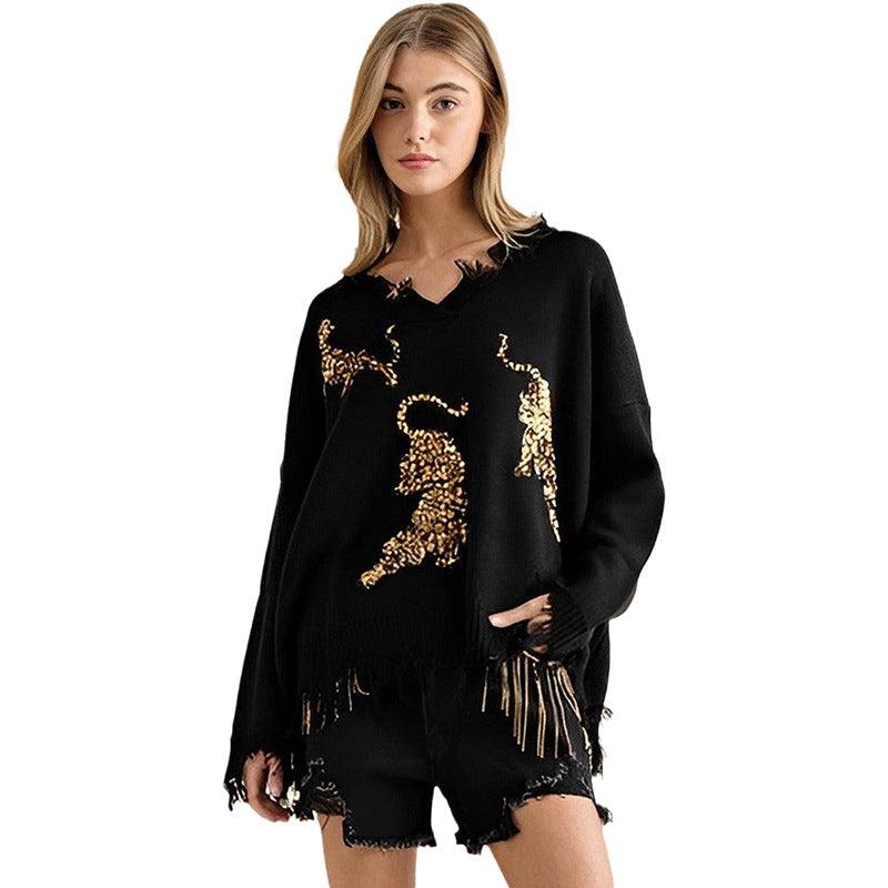 Autumn And Winter New Tiger Sequin Printed V-Neck Sweater For Women Casual Woolen Edge Design Pullover For Women