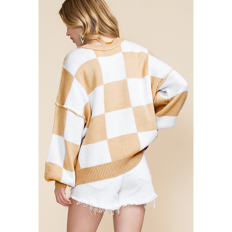 Casual Style Chequered Printed Long-Sleeved Top Women's New Autumn Thermal Turtleneck Sweater