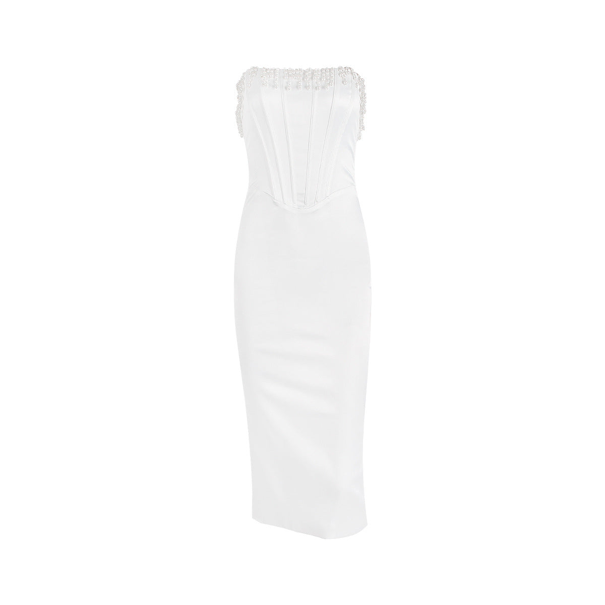 Women's Pearl Strapless White Dress Fishbone Slim Sexy Dress Elegant Slit Midi Skirt