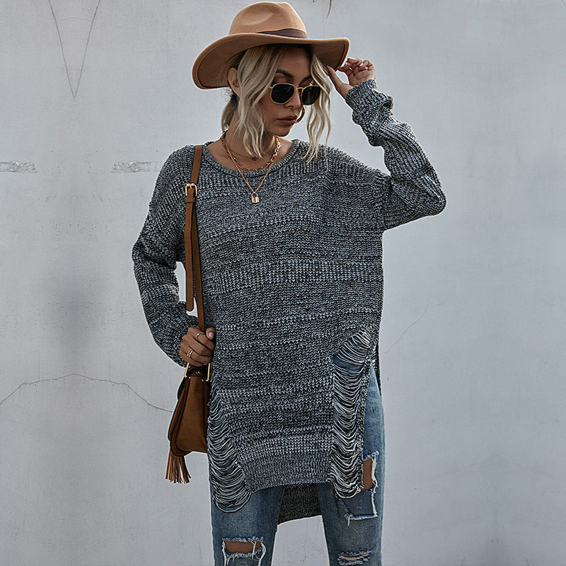 Solid Color Long Sleeve Round Neck Hole Knitting Mori Sweater Female Autumn