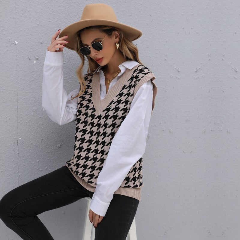 Early Autumn Fashion Women's Long Thousand Bird Check Sweater Vest Woman