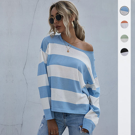 Stylish Women's Loose Crew Neck Striped Sweater