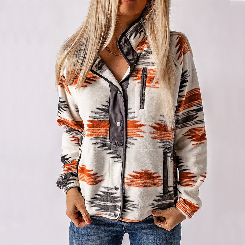 Winter New Western Print Long Sleeve Coat Women Fashion Match Warm Color Cardigan Jacket Women