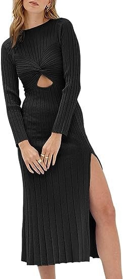 New Hollow Round Neck Solid Color Long Sleeve Slit Knit Dress