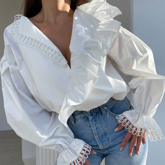 Spring Women's Shirt Sexy Deep V-Neck Wooden Ear Edge Long Sleeve Temperament Fashion Patchwork Lace Shirt