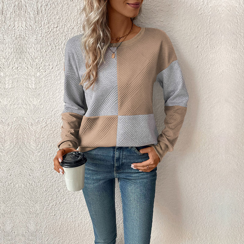 Women's New Autumn Long Sleeve Matching Color Pullover Round Neck Hoodie