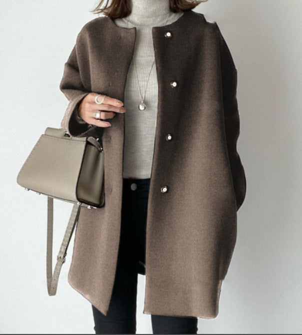 Elegant Straight Coat Female Autumn And Winter Temperament Commute Solid Color Simple Loose Coat Female Blouse