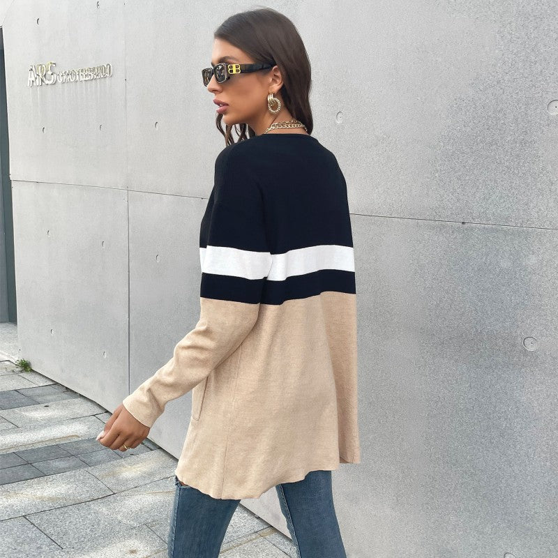 Autumn Winter Casual Women's Fashion Color Contrast Long-Sleeved Sweater Cardigan Coat