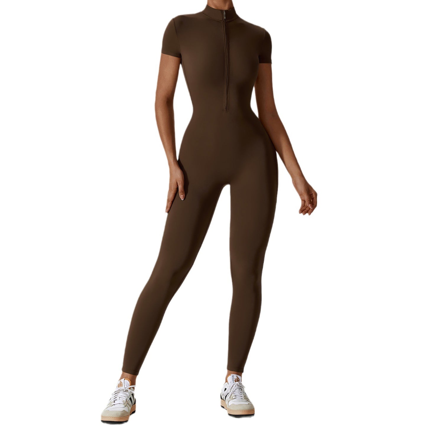 Zipper Short-Sleeved Nude Yoga Jumpsuit Female Bodybuilding Sports Bodysuit