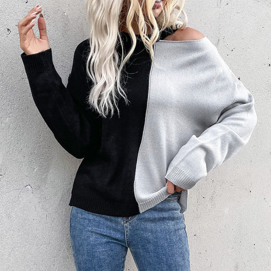 Fashion Women's Casual Long-Sleeved Match Color Hollow Sweater Female Autumn Pullover