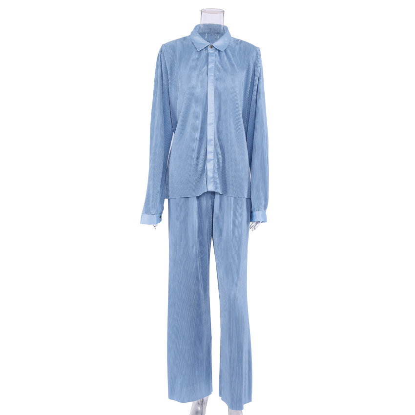 Autumn And Winter New Long-Sleeved Lapel Pleated Shirt Women's Wide-Leg Floor-Length Pleated Pants Suit Solid Color