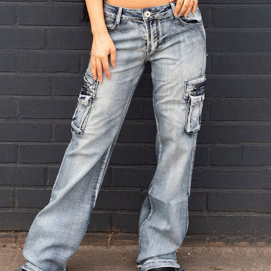 Vintage Flap Pocket Low Waist Straight Cargo Jeans