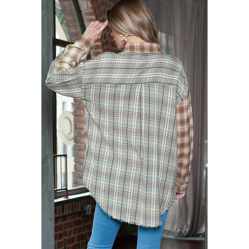 Casual Loose Plaid Printed Shirt Women Fall New Color Contrast Lapel Long-Sleeved Blouse Women