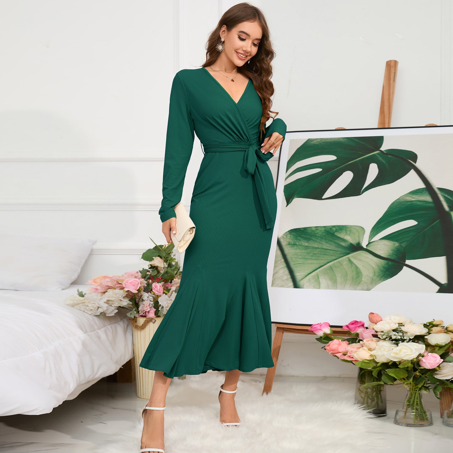 Women's V-Neck Long Sleeve Slim-Fit Temperament Fishtail Skirt Knitted Long Dress Dress Big Size