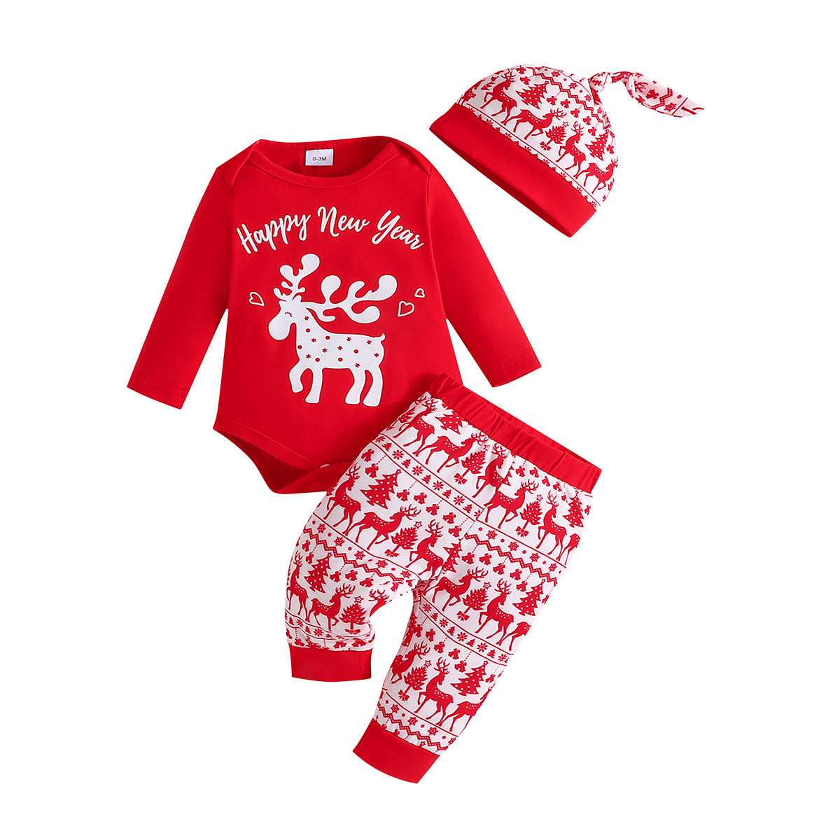 New Christmas Elk Print Top + Christmas Pattern Pants + Christmas Hat Three-Piece Set