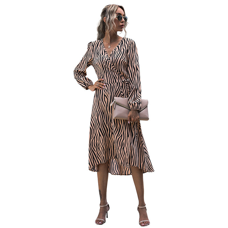 Retro Women's Zebra-Print V-Neck With One-Piece Long-Sleeved Dress