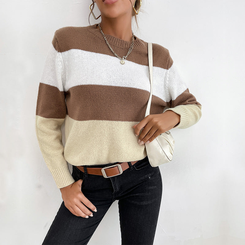 Women's Casual Color Match Long-Sleeved Crewneck Sweater