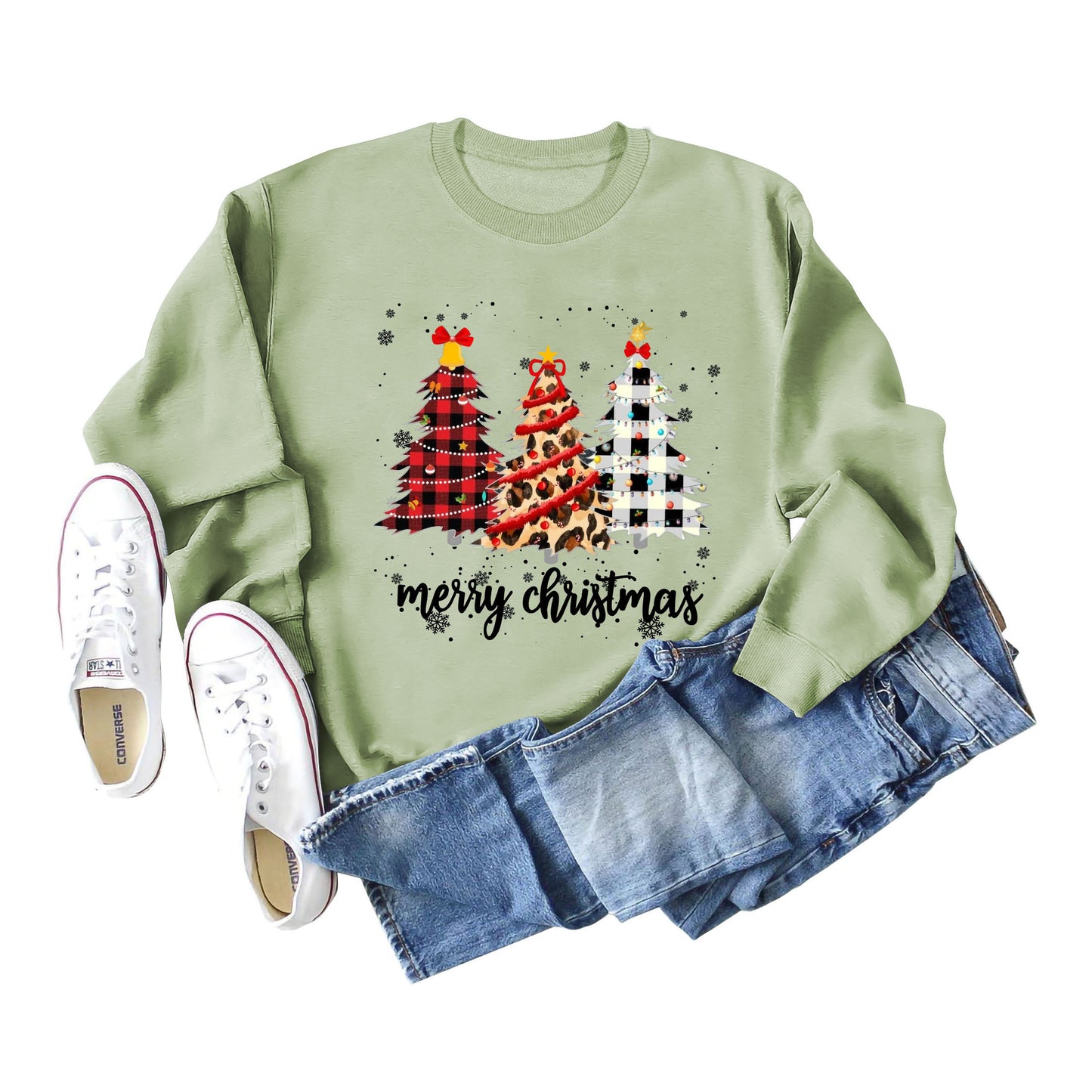 Merry Christmas Tree Round Neck Letter Christmas Long Sleeve Hoodie Woman