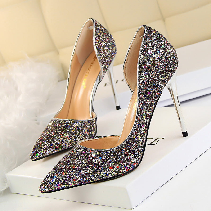 Sexy Nightclub Slim Women's Shoes With Slim Heels, High Heels, Shallow Mouth, Pointed Side Hollowed Sequins