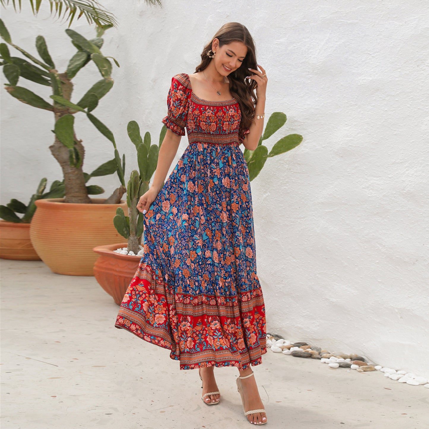 Bohemian Beach Holiday Dress One-Shoulder Puff Sleeve Long Dress