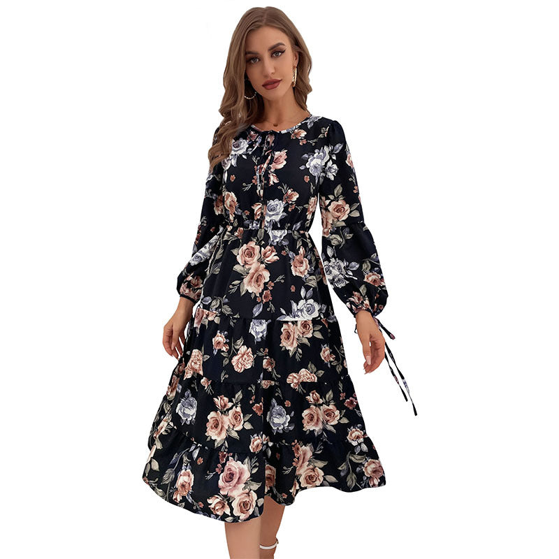 Fashion Women's Temperament Long-Sleeved Vintage Floral Dress Autumn