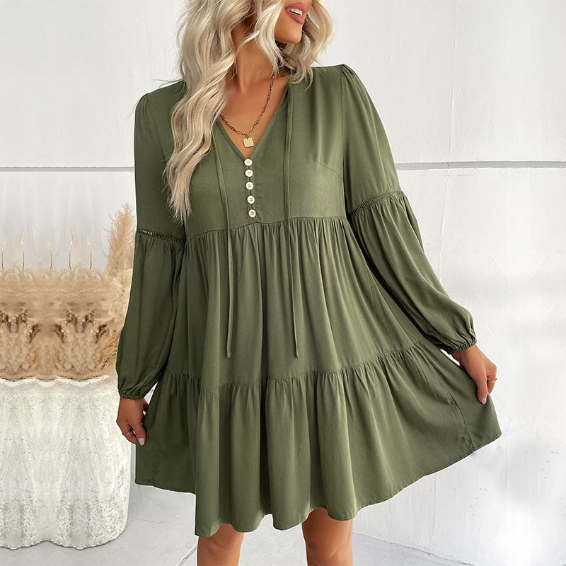 New Fashion Women's Long-Sleeved Green Autumn And Winter Dress